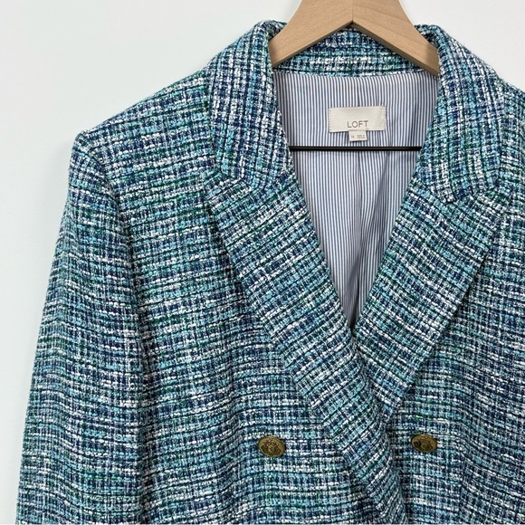 LOFT Women's Green and Blue Tweed Double Breasted Blazer Size 14 - Picture 4 of 10